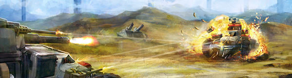 Image of two vehicles with weapons mounted, shooting at each other.